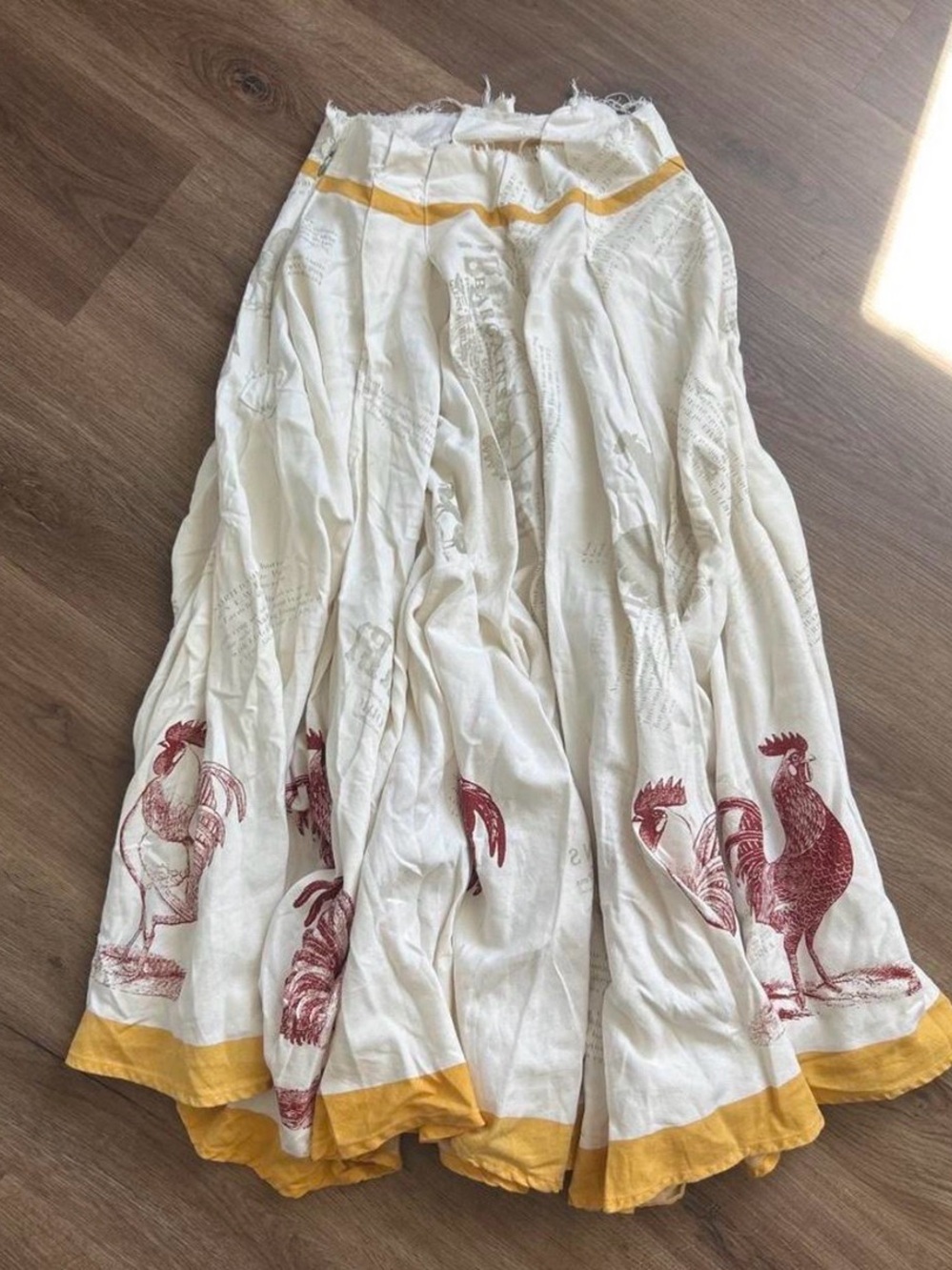 White Maxi Skirt with Red Rooster Print and Yellow Trim
